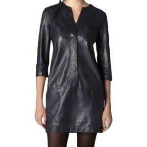 Vince Lamb Leather Shift Dress Womens Size 4 V-Neck 3/4 Sleeve Dark Academia
